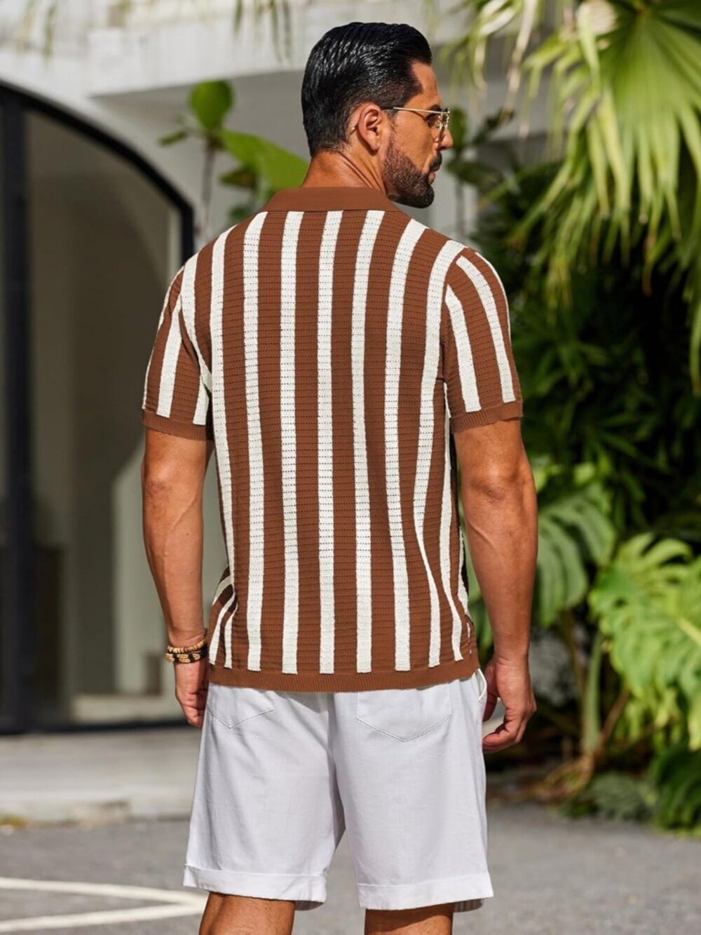 Men's Caramel & Beige Knit Striped Polo Short Sleeve Summer Beach Casual Shirt - Picture 3 of 6